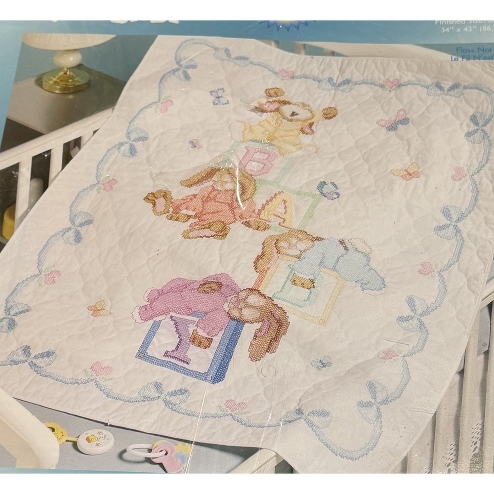NEW 2004 Janlynn Stamped Cross Stitch Baby Quilt Kit Sleepy Bunnies 34" X 43"